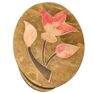VTG Soap Stone Small Trinket Box Inlaid Mother of Pearl India Kubla Crafts Tan